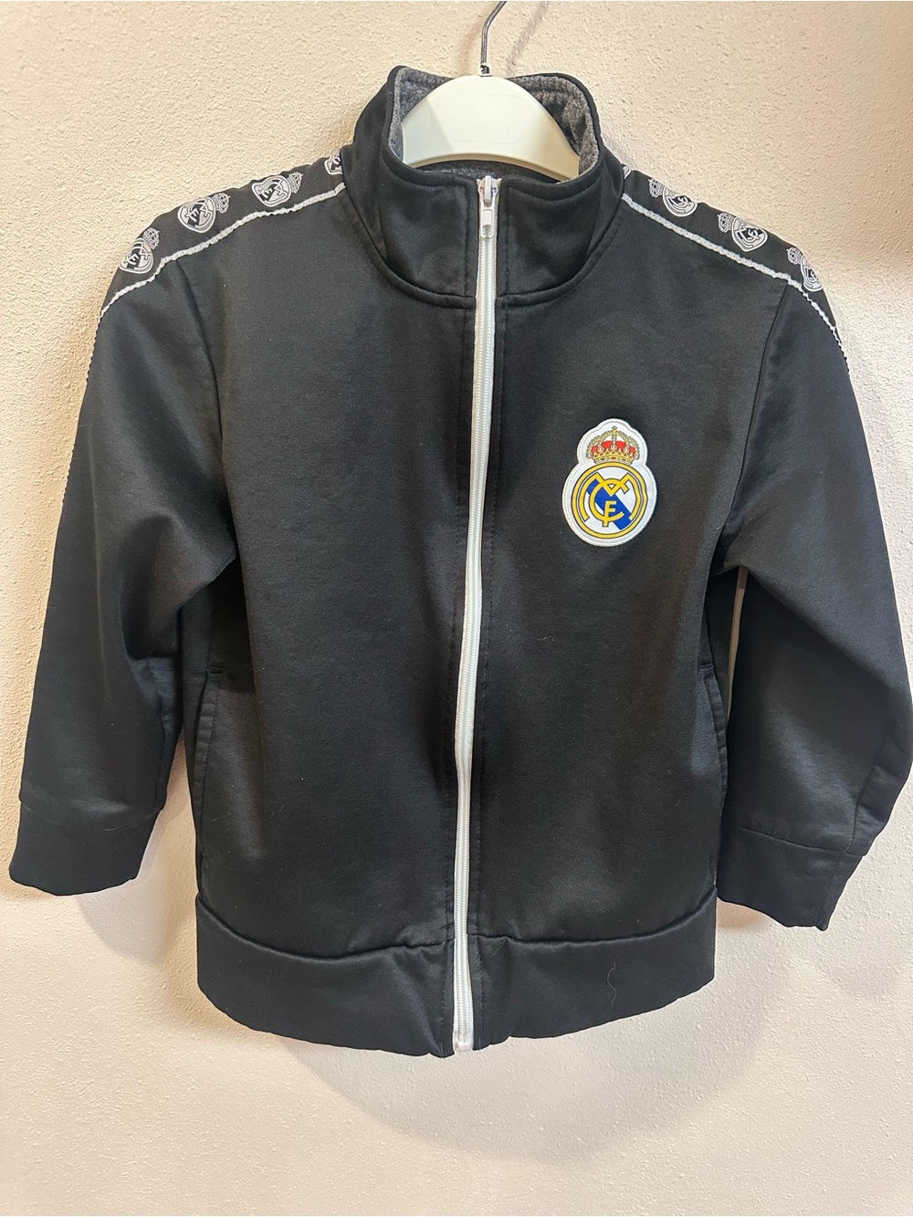 Kids Real Madrid Black Zip-Up Track Jacket with Crest